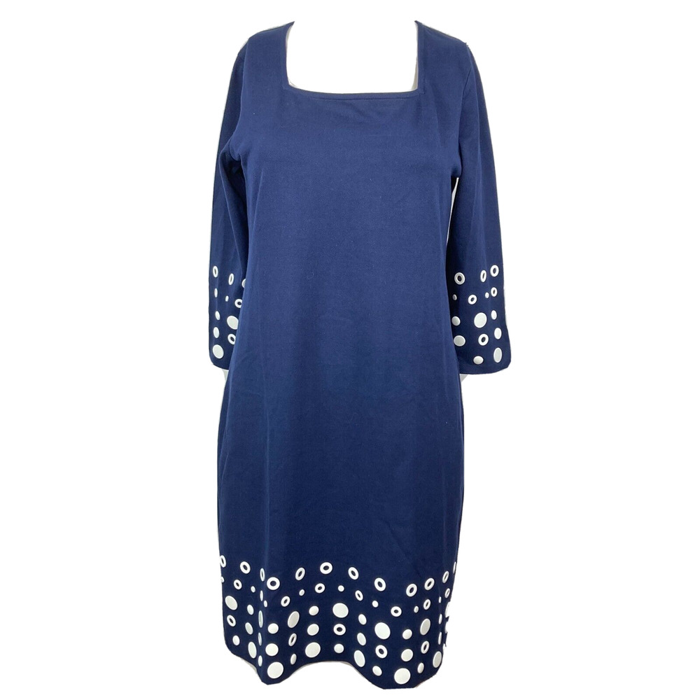 NWT‎ Joan Vass Dress Womens Sz MP Petite Blue Embellished 3/4 Sleeve Shift Dress